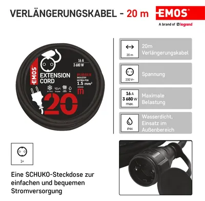 Zdjęcie produktu dla Kabel przedłużający | SCHUKO IP44 1,5 mm 20 m