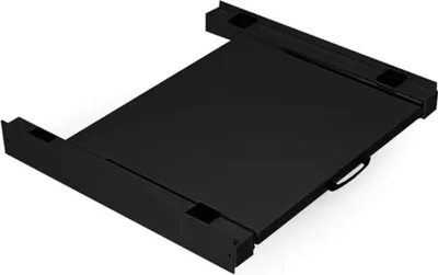 A black washing machine and dryer stacking kit with a pull-out shelf.