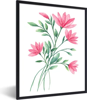 Produktbild von MuchoWow® MuchoWow® Gerahmtes Poster Blumen - Aquarell - Rosa 60x80 cm - Poster mit zchwarzem Bilderrahmen - Premium - Wanddeko Wohnzimmer