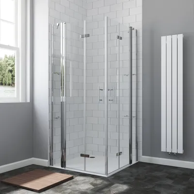 Produktbild von Duschkabine Eckeinstieg, Duschabtrennungen mit Doppeltüren, Drehfalttür mit Eckablage, 6 mm Nanobeschichtetes ESG Echtglas 12. 105 x 105 x 197 cm