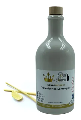 Produktbild von Dufte Momente | Saunaduft Konzentrat Tunesisches Lemongras 500ml | in weißer Steingutflasche | vegan, ohne Tierversuche