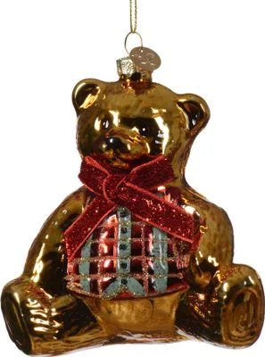 Produktbild von Christbaumschmuck Glas Teddy Bär mit Schleife 10cm - Gold / Rot