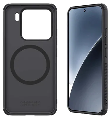 A black phone case and a black smartphone are displayed side-by-side against a light gray background.