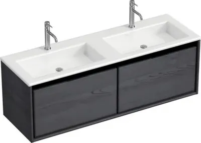Produktbild von Sanox Badmöbel-Set Loft BxHxT 140,5 x 47 x 45,5 cm Frontfarbe black oak mit Doppel-Waschtisch Mineralguss weiß Griff chr