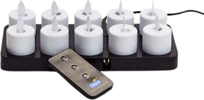 A set of LED tea lights on a charging base with a remote control.