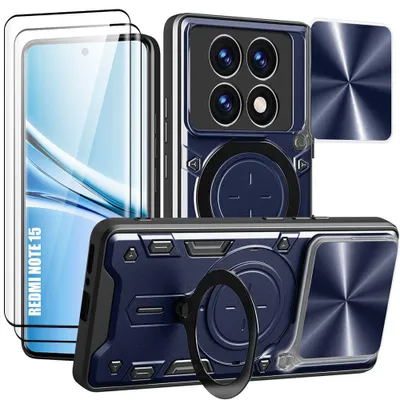 Image de Coque + 2 Verres Trempés pour Xiaomi Redmi Note 15 5G/4G, avec Anneau Rotatif - Bleu Marine