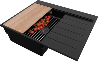 Produktbild von PRIMAGRAN Spülbecken Schwarz 62x50cm, Granitspüle 1 Becken + Ablauf-Set + Küchenzubehörset, Küchenspüle ab 40er Unterschrank - Sydney