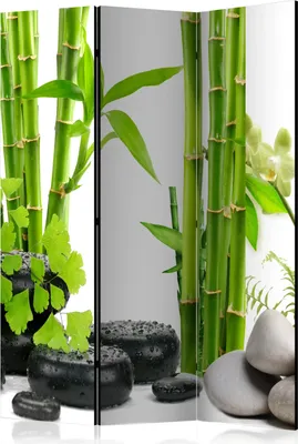 A triptych screen with a bamboo and stone motif.