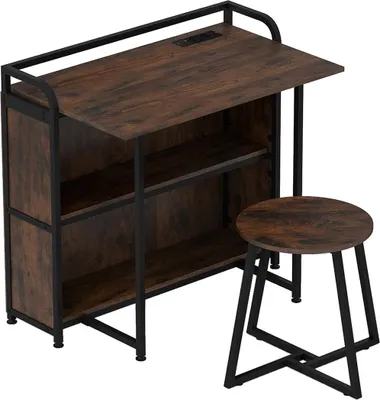 A foldable desk with a stool and shelves, shown against a white background.