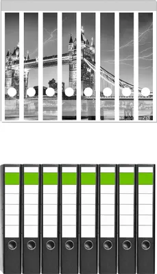 Produktbild von Wallario 8 Stück schmale Ordner inkl. Klebeetiketten mit Motive Tower  Bridge  bei  Gewitter  in  schwarz-weiß -  Set mit Rückenschildern / Ordnerrücken Stickern