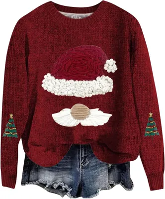 Image de ASKSA Pulls rigolos de Noël Femmes Pulls tricotés col rond hiver Pulls de Noël Hauts manches longues Pulls chauds de Noël,E-Rouge,M