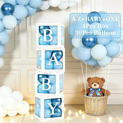 Immagine prodotto di Decorazioni per festa per neonato, tema maschile: 4 scatole, 30 palloncini, 33 lettere, colore blu