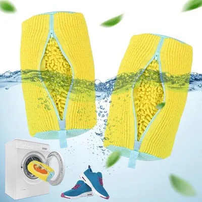Immagine prodotto di Confezione da 2 sacchetti per il lavaggio delle scarpe, per lavatrice, in velluto a 360°, giallo, riutilizzabili