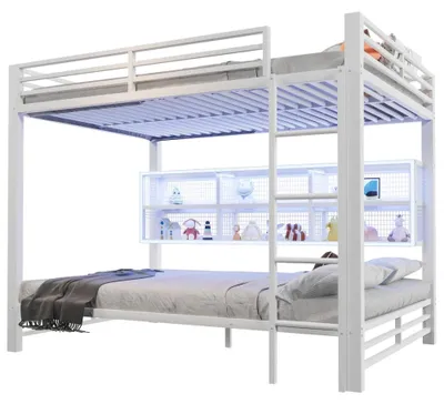 Zdjęcie produktu dla Łóżko piętrowe - metalowa konstrukcja - 6 szafek do przechowywania - oświetlenie LED - barierka ochronna - wymiary 140 x 200 cm - kolor biały