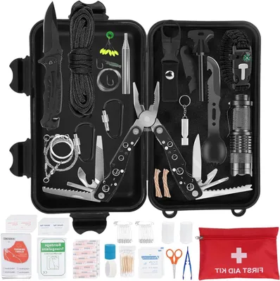 Produktbild von Überlebensset – Notfallausrüstung – Outdoor-Abenteuer – 80-teiliges Set – Kompakte Bauweise – Schwarz