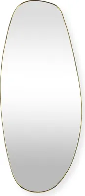 A full-length shot of an organically shaped mirror with a gold frame against a white background.