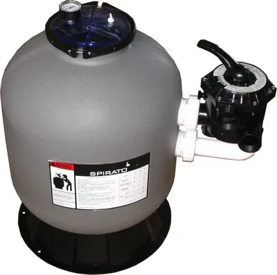A gray sand filter for a swimming pool with a black multi-port valve and a pressure gauge on top.