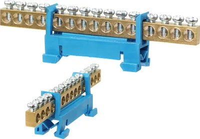 Two brass terminal blocks with multiple screw terminals, mounted on blue plastic bases, are shown against a white background. The blocks are designed for DIN rail mounting.