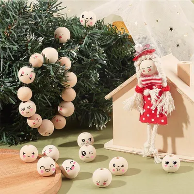 Produktbild von 80 Stück Holzperlen mit Gesicht - 20 mm - niedliche Holzköpfe mit Gesicht - natürliche Holzperlen - Zubehör für DIY - 8 Stile