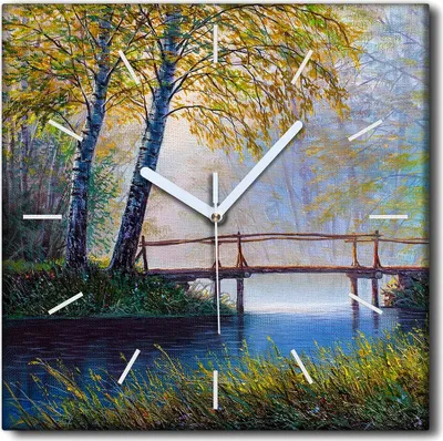 Produktbild von Coloray Uhr auf Leinwand 30x30 cm Wand Uhr Dekoration Wohnzimmer Segeltuch weiße Zeiger -Landschaftsbrücke See.