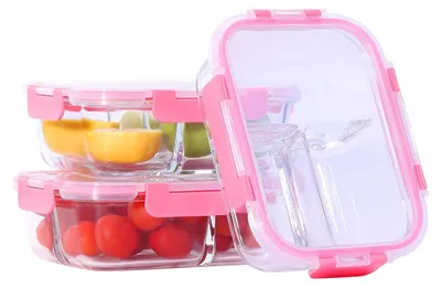 Productafbeelding van Set van 3 roze glazen lunchboxen met vacuümdeksel