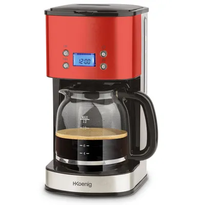 A red coffee maker with a glass carafe filled with coffee, set against a white background.