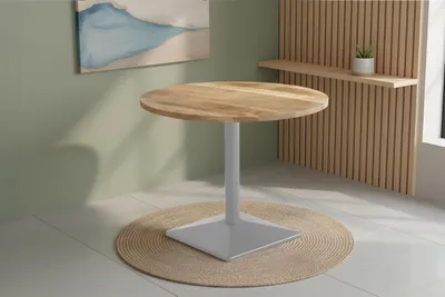 Produktbild von Bistrotisch Emilio | Ø 80 cm Rund | Mangoholz massiv + Rough | gerade Kante | silbernes Metall-Säulengestell eckige Base | geeignet für kleine Esstische und Bistrotische