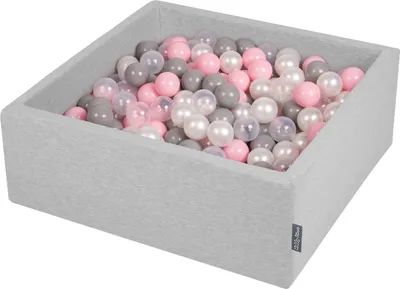 Produktbild von KiddyMoon bällebad 90x30cm/200 bälle ∅ 7cm bällepool mit bunten bällen für babys kinder quadrat, hellgrau:perle/grau/transparent/rosa