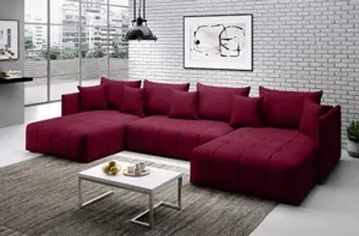 Produktbild von FurMeb24 - ASPEN U-Ecksofa - 346 x 188 cm - Sofa mit Bettzeugablage und Schlaffunktion - Kissen - Mit Topper (MONOLITH 59) U-Ecksofa, Dunkelrot