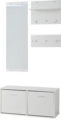 Image de OKWISH Vestiaire d’entrée 4 pièces - Meuble avec Miroir, Porte-Manteau Mural, 6 Crochets et Étagères à Chaussures - Panneau de Particules Blanc