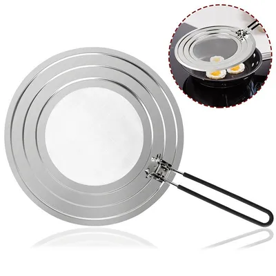 A splatter screen for a frying pan is shown against a white background. A smaller inset image shows the splatter screen in use over a frying pan with eggs.