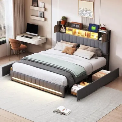 Image de Lit double avec coffre de rangement, revêtement en lin, dimensions 140x200 cm, avec tête de lit LED et ports USB, couleur argent