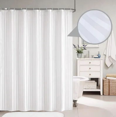 Zdjęcie produktu dla Szlachetna tekstylna zasłona prysznicowa w paski z adamaszku biała 120x200 cm z pierścieniami do zasłony prysznicowej