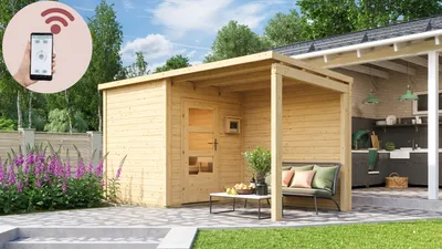 Produktbild von Karibu Saunahaus Außensauna Gartensauna Pepe 2 mit Anbaudach + 9kw Ofen finnisch und HUUM WIFI Steuergerät Sparset 433 x 196 cm Farbe: Naturbelassen