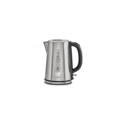 A stainless steel electric kettle with a black handle is shown against a white background.