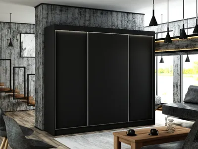 Produktbild von ALTDECOR Kleiderschrank mit furnierten Schiebetüren, kugelgelagerte Führungsschienen und Aluminium-Leisten, LED-Beleuchtung (weiß + 16 Farben) und Fernbedienung 250 cm Schwarz