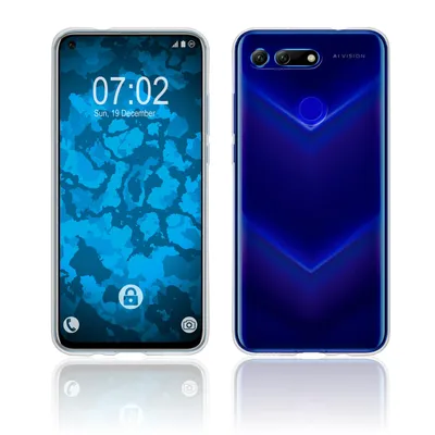 A front and back view of a transparent phone case on a white background.