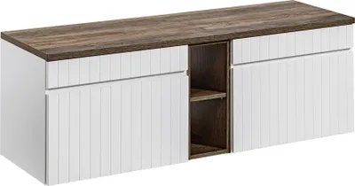 Image de Ensemble De Salle De Bain Moderne Blanc 140 Cm Avec Plan De Travail En Chêne Et Armoires
