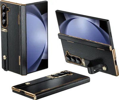 Produktbild von Handyhülle für Samsung Galaxy Z Fold 5  Lederhülle mit Handschlaufe, Ständer, Scharnierschutz Schwarz