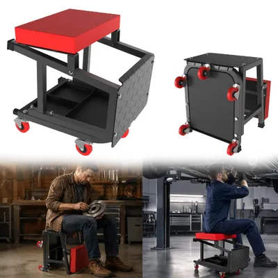 Zdjęcie produktu dla XINZI, składany taboret warsztatowy 2 w 1 z kółkami i 2 półkami na narzędzia, wielofunkcyjny taboret mobilny dla mechaników, służący jako siedzisko i podnóżek, kolor: czarny i czerwony