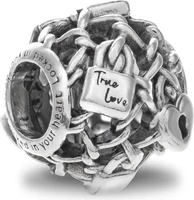 A close-up of a silver charm with chains and a padlock.