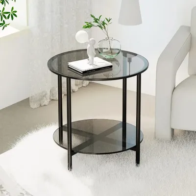 Image de Table basse ronde en verre avec étagère à deux niveaux