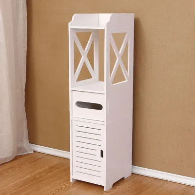 A white storage cabinet is shown in a room with a brown textured wall and a light-colored floor.