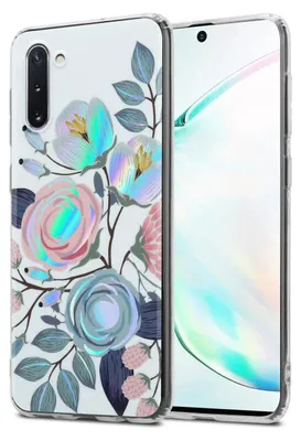 A clear, professional shot of a phone case with a floral design, placed next to a smartphone.