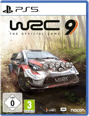 The cover art for the video game WRC 9 for PlayStation 5, featuring a rally car.