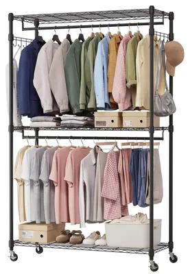 Productafbeelding van Kledingrek met wielen - 115 × 45 × 180 cm - Staal - 3 verstelbare planken - Twee kledingstangen - Draagvermogen: 300 kg - Zwart