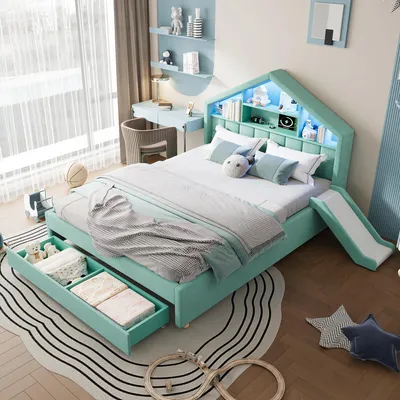 Produktbild von Flieks Kinderbett 140x200cm mit Rutsche und Led, Polsterbett Hausbett mit Schublade und Ladeanschluss, Kinder Doppelbett mit Ablagen, Samt, Grün