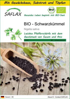 Produktbild von SAFLAX Anzucht Set - BIO - Schwarzkümmel - Nigella sativa - 300 Samen - Mit Mini-Gewächshaus, Anzuchtsubstrat und 2 Töpfen