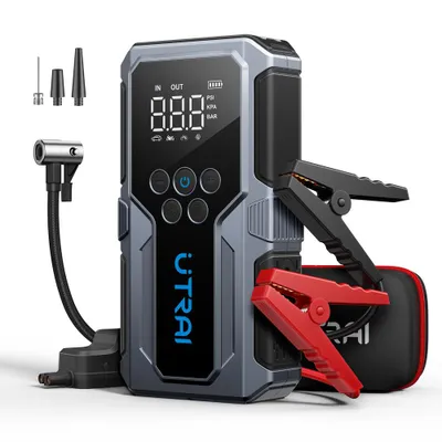 Zdjęcie produktu dla 4-w-1 Rozruch samochodowy 1500A z Powerbankiem, kompresorem 150 PSI i latarką LED – Jump Starter, kompresor i światło awaryjne