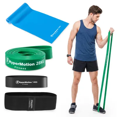 Imagen del producto de Conjunto de bandas de resistencia HyperMotion con 4 bandas de entrenamiento, con una resistencia de hasta 28 kg, fabricadas en látex, ideales para entrenamiento de fuerza en casa y en cualquier lugar